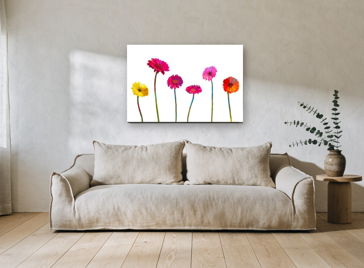 Gerbera Row floral canvas print on the wall of a living room