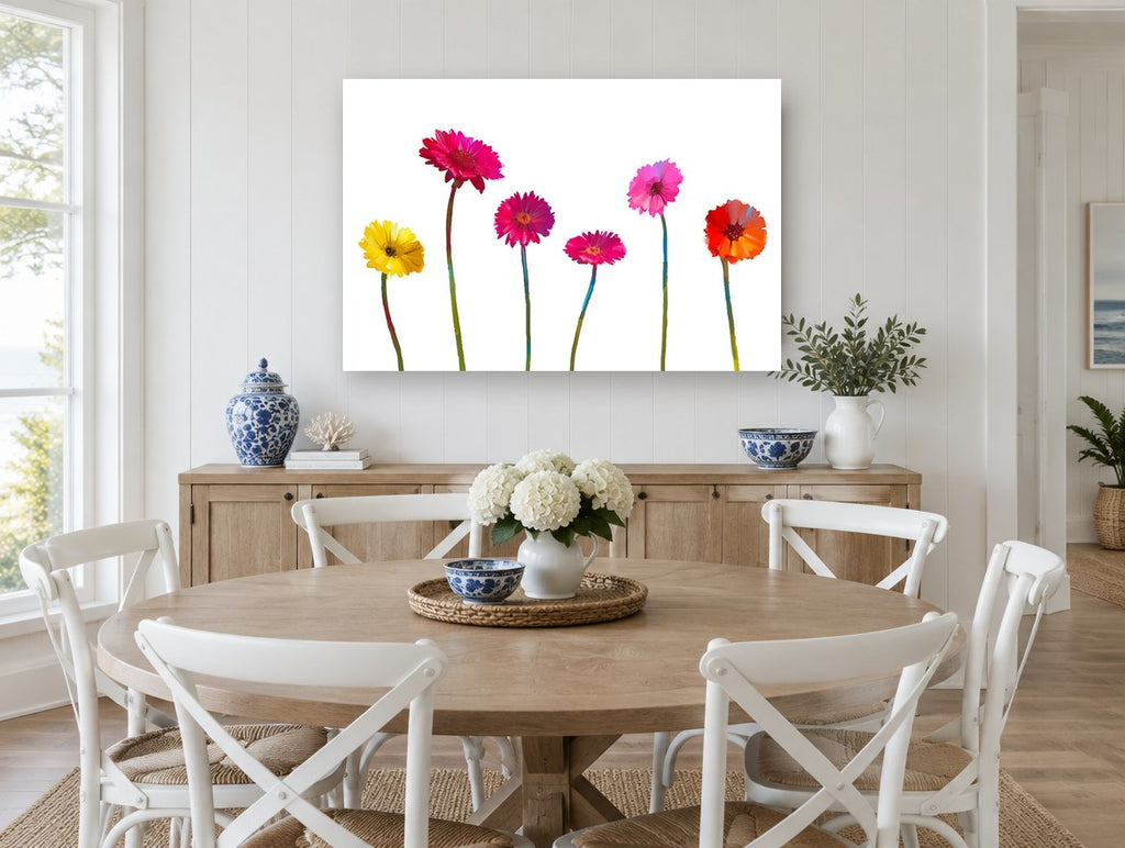 Gerbera Row floral canvas print on the wall of a Hamptons dining room