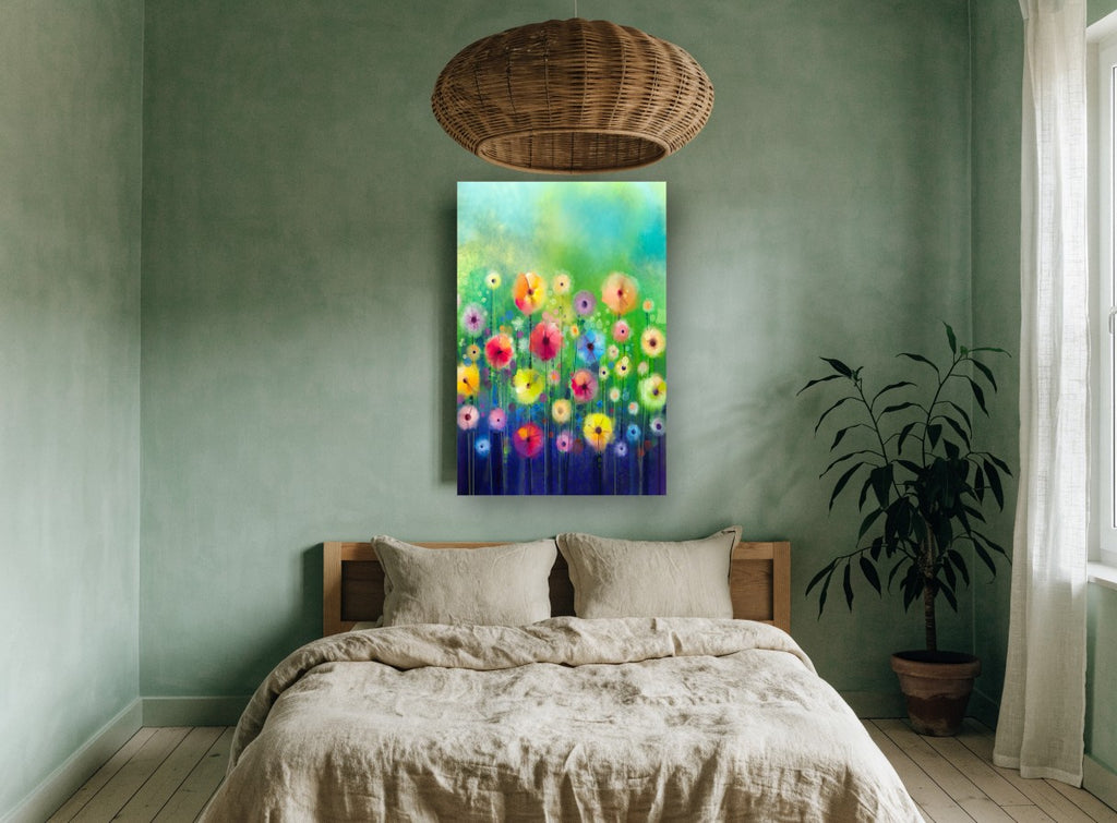 Meadow of Soft Blooms floral canvas print on the wall of a bedroom