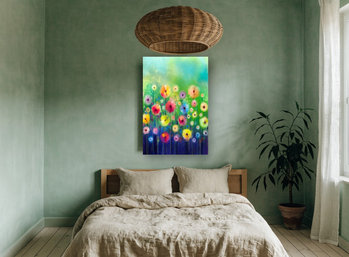 Meadow of Soft Blooms floral canvas print on the wall of a bedroom