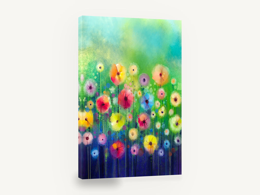 Meadow of Soft Blooms, colourful abstract watercolour flowers meadow, floral canvas wall art print ready to hang