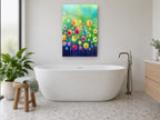 Meadow of Soft Blooms floral canvas print on the wall of a bathroom