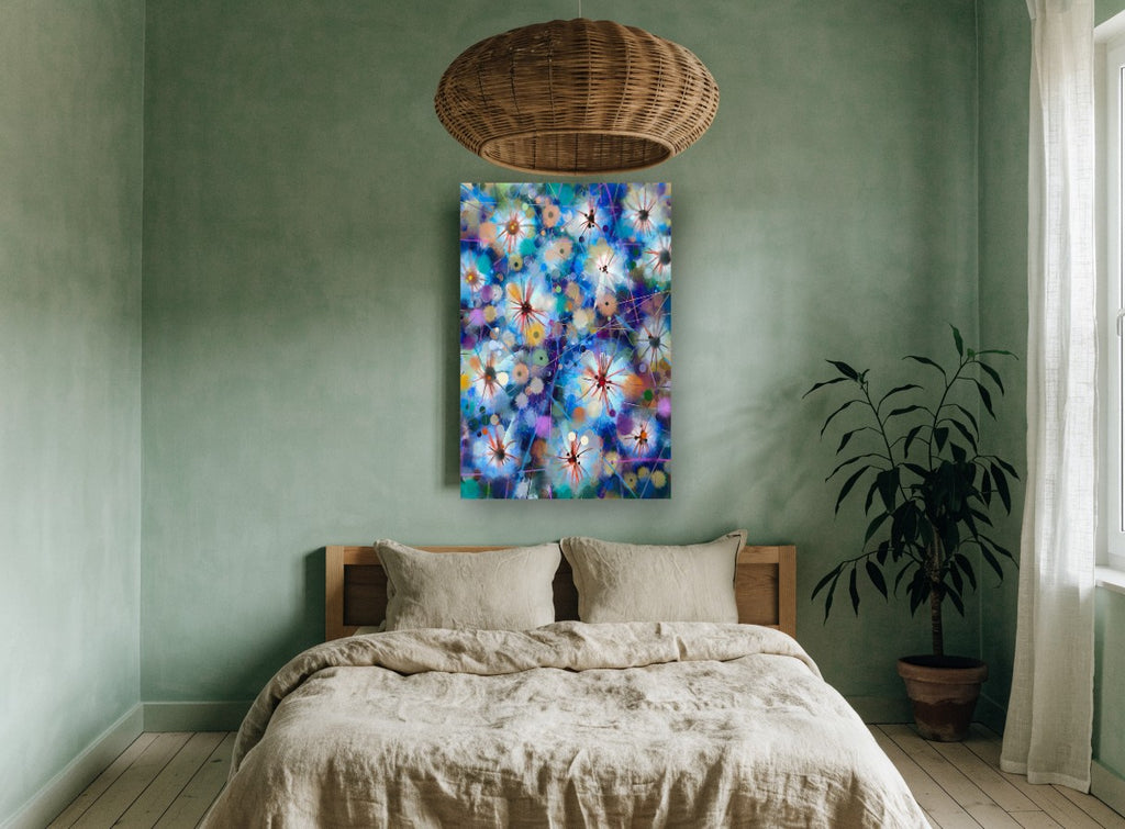 Blue Starburst Blooms floral canvas print on the wall of a bedroom