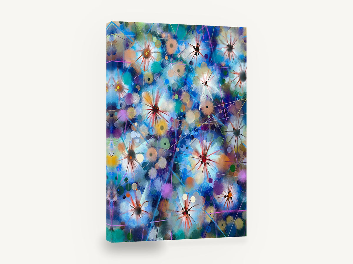 Blue Starburst Blooms, abstract colourful flowers blue starburst, floral canvas wall art print ready to hang