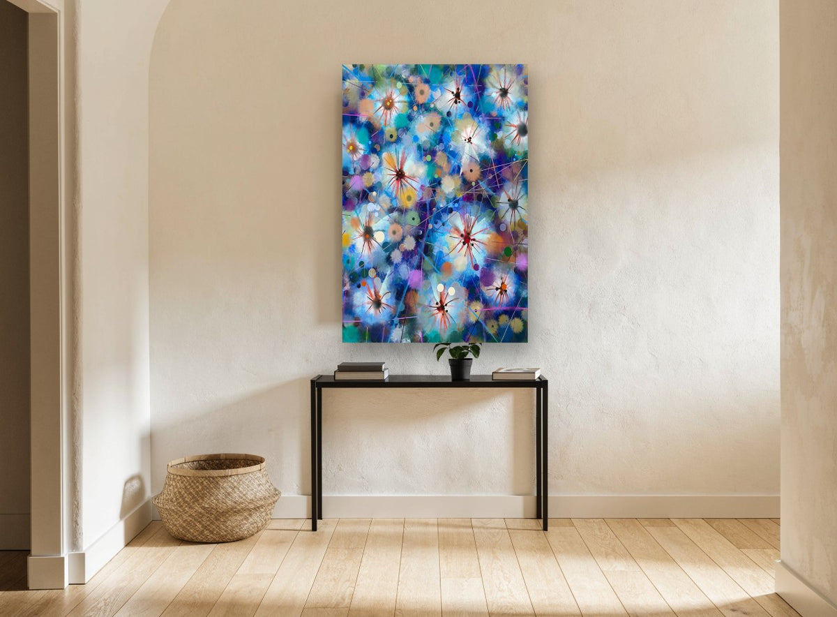 Blue Starburst Blooms floral canvas print on the wall of a hallway