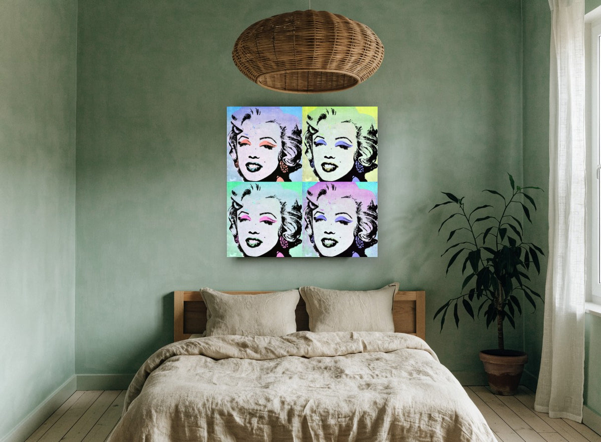 Pastel Pop Quartet vintage canvas print on the wall of a bedroom