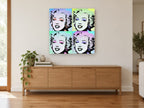Pastel Pop Quartet vintage canvas print on the wall of a living room above a sideboard