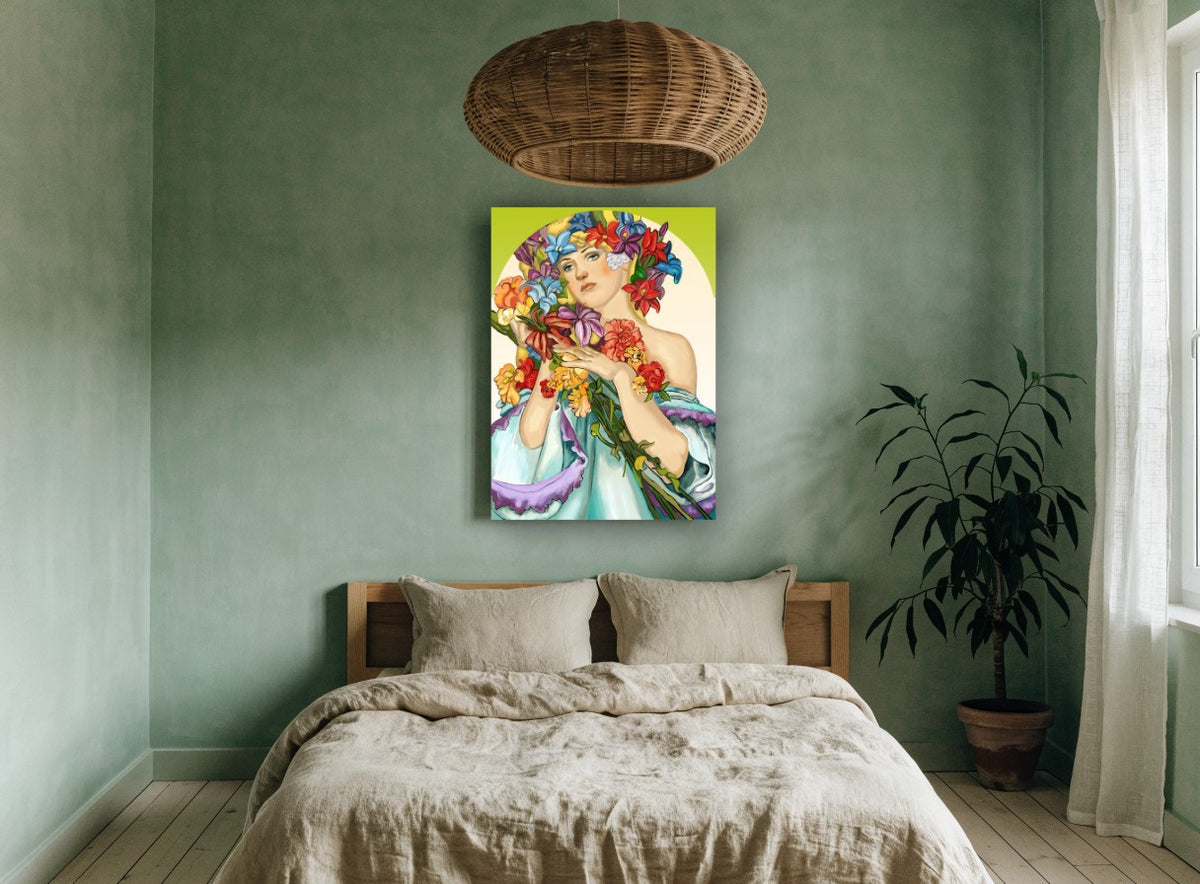 Woman Crowned in Blooms vintage canvas print on the wall of a bedroom