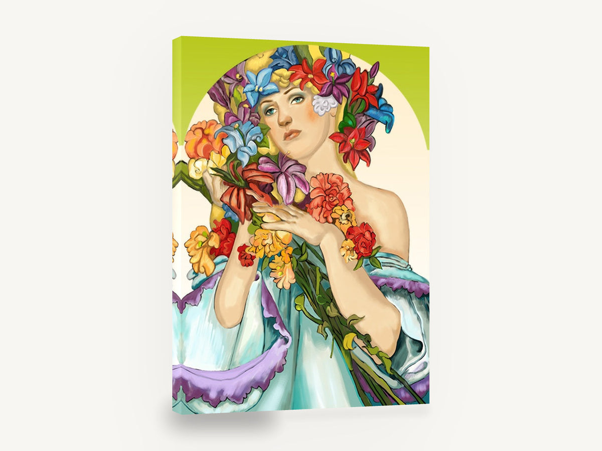 Woman Crowned in Blooms, vintage art nouveau woman with flowers, stretched canvas wall art print ready to hang