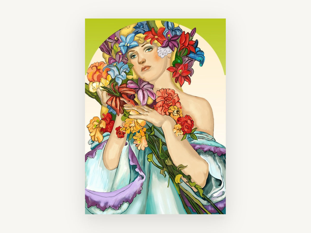 Woman Crowned in Blooms, vintage canvas wall art print, front view