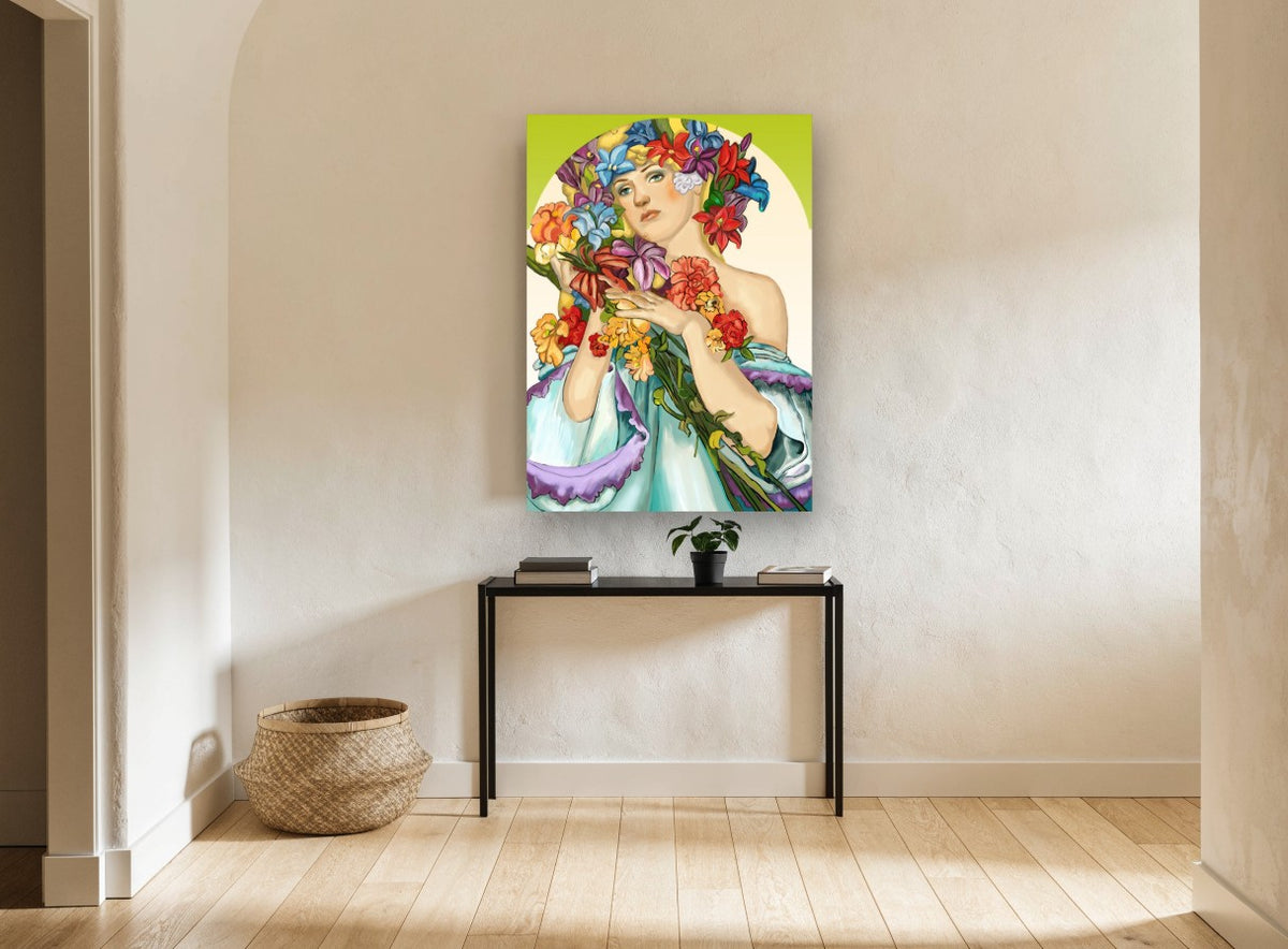 Woman Crowned in Blooms vintage canvas print on the wall of a hallway