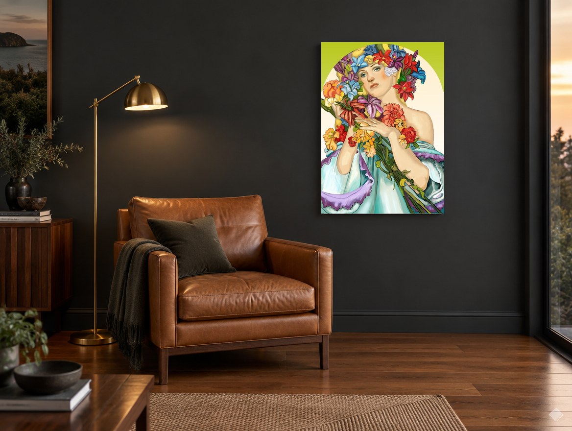 Woman Crowned in Blooms vintage canvas print on the wall of a charcoal living room