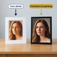 Your photo beside the finished oil painting: an original photo of a woman and the hand-painted oil portrait made from it