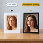 Your photo beside the finished oil painting: an original photo of a woman and the hand-painted oil portrait made from it