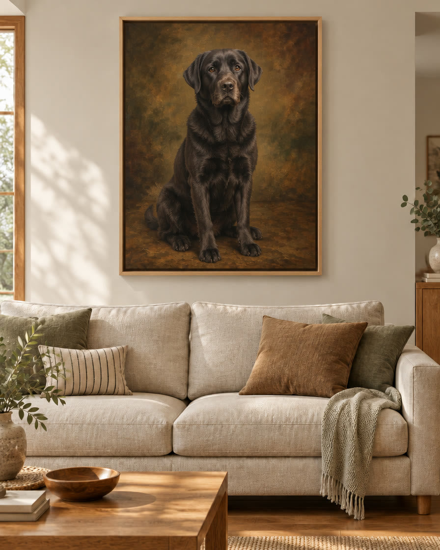 Example pet canvas: a black labrador in the fine-art style