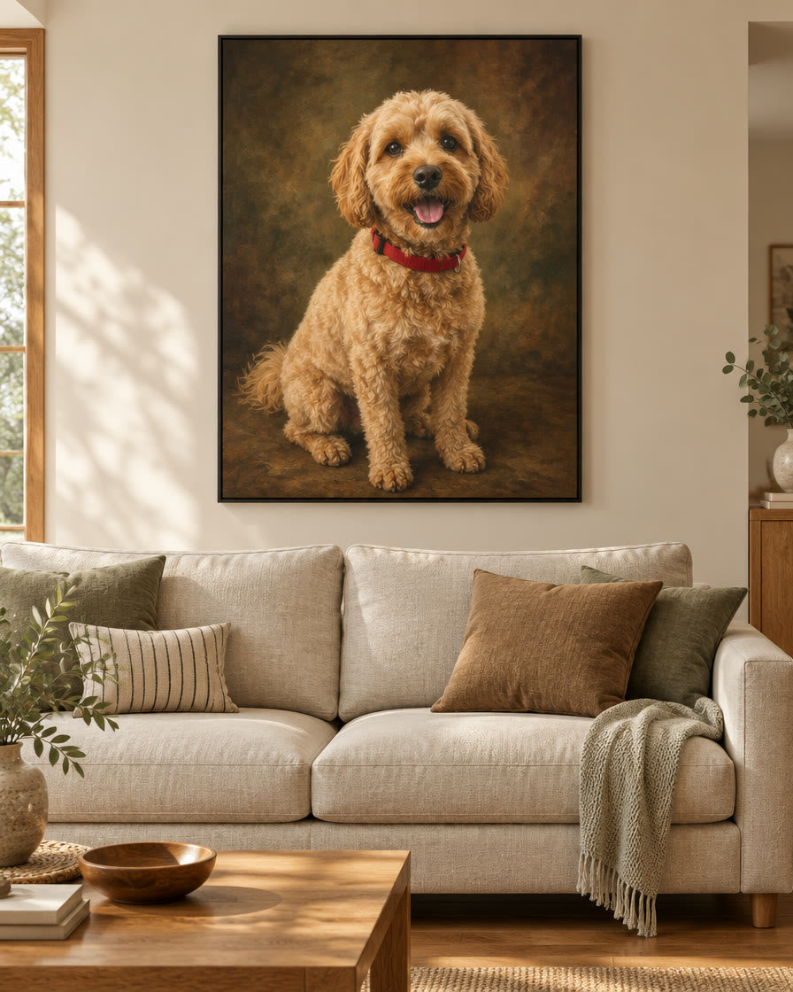 Example digital pet portrait file: fine-art style, shown printed and framed