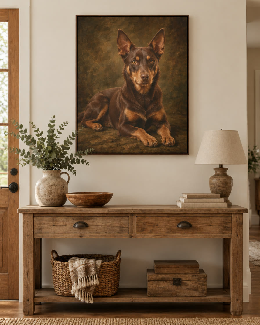 Example pet canvas: a red kelpie in the fine-art style