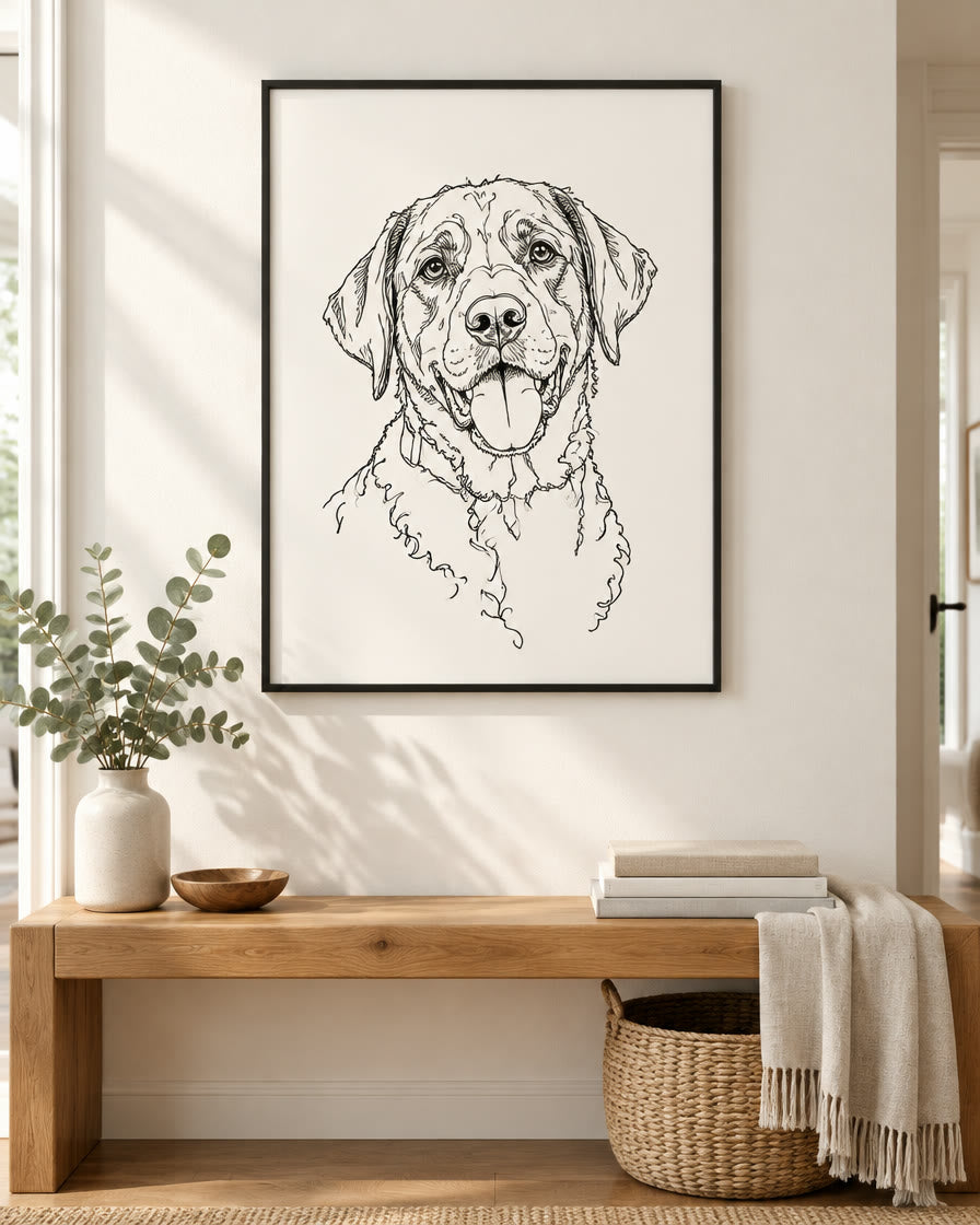 Example pet canvas: a black labrador in the line art style