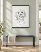 Example digital pet portrait file: line art style, shown printed and framed