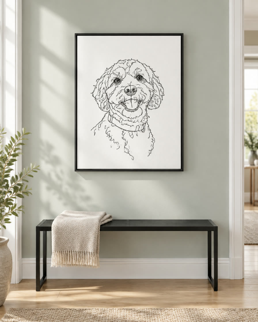 Example digital pet portrait file: line art style, shown printed and framed