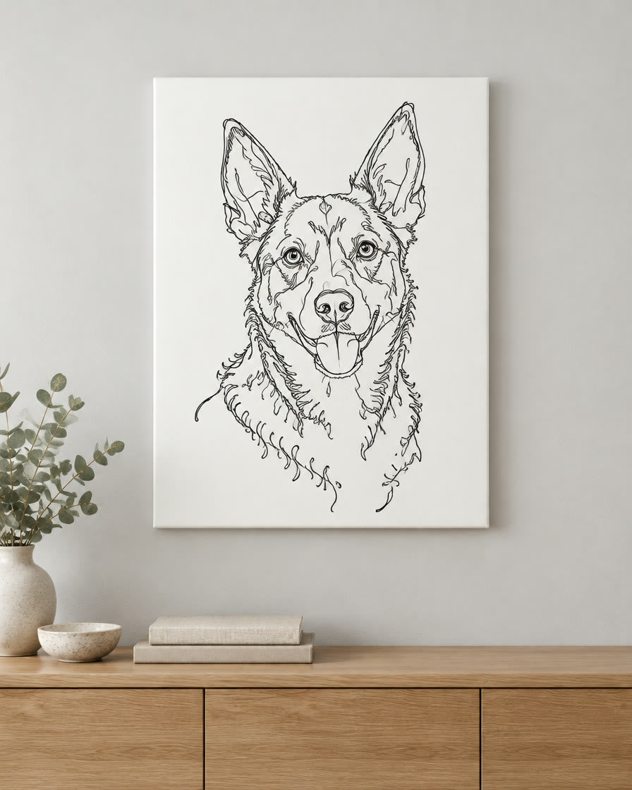 Example pet canvas: a red kelpie in the line art style