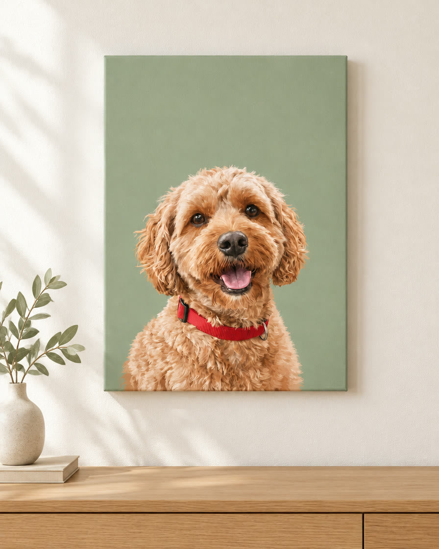 Example digital pet portrait file: a cavoodle in the modern style on sage