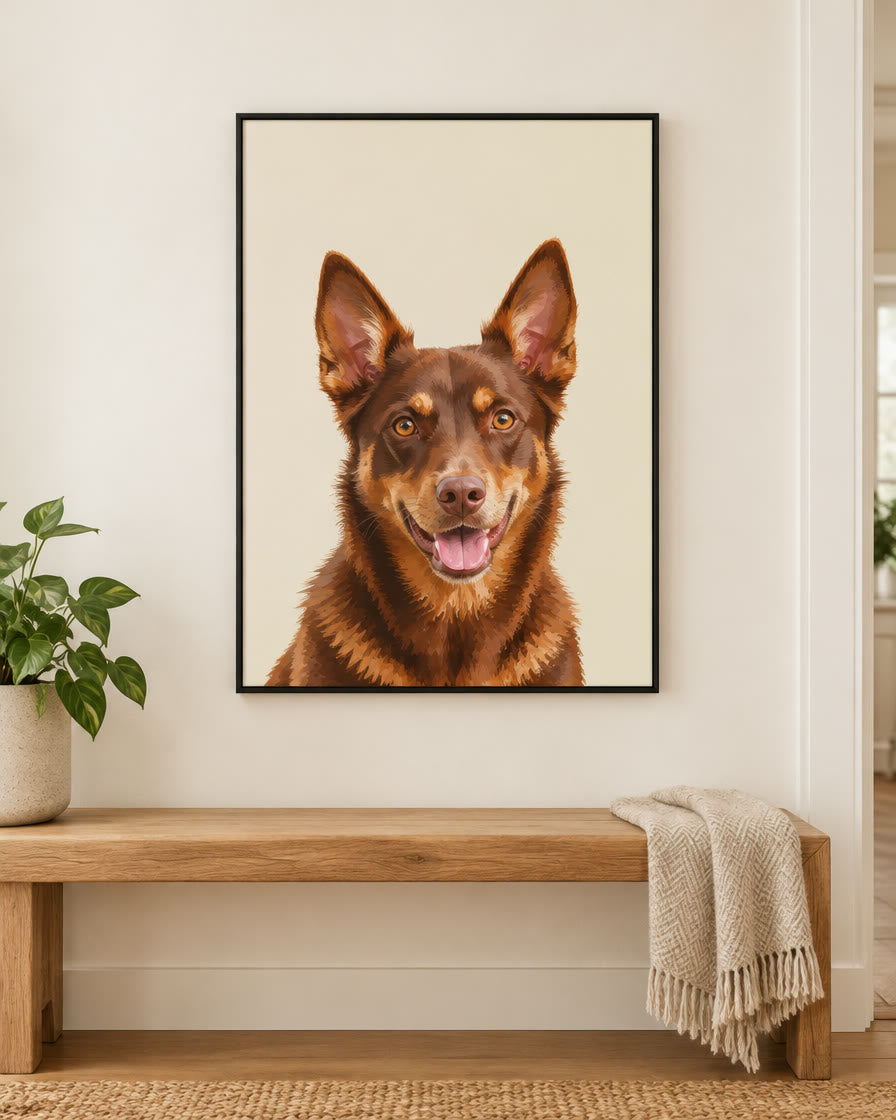 Example pet canvas: a red kelpie in the modern style on a plain colour