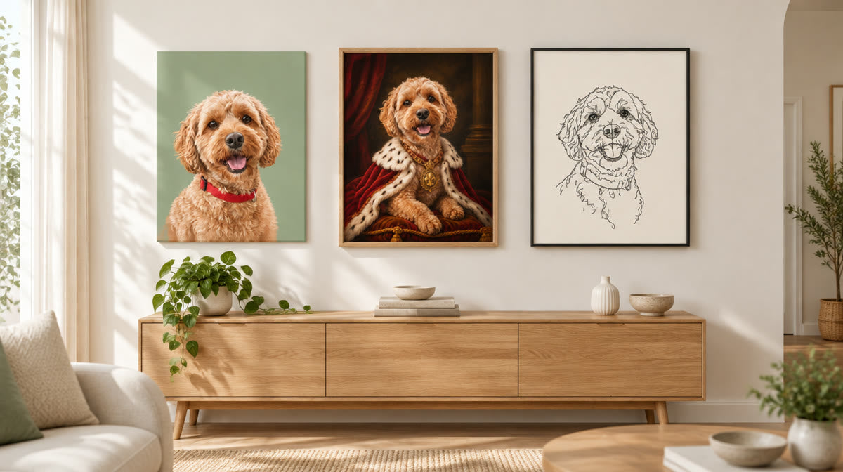 Three pet canvas prints of a cavoodle in modern, royal and line art styles above an oak sideboard