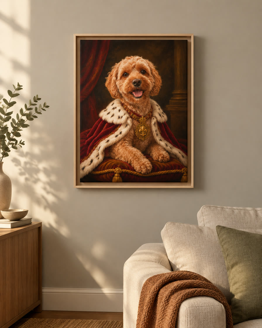 Example digital pet portrait file: royal portrait style, shown printed and framed