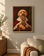 Example digital pet portrait file: royal portrait style, shown printed and framed