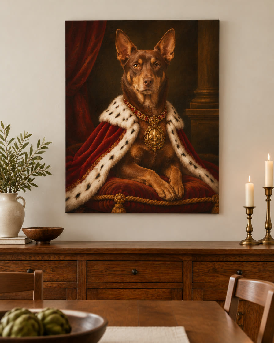 Example pet canvas: a red kelpie in the royal portrait style