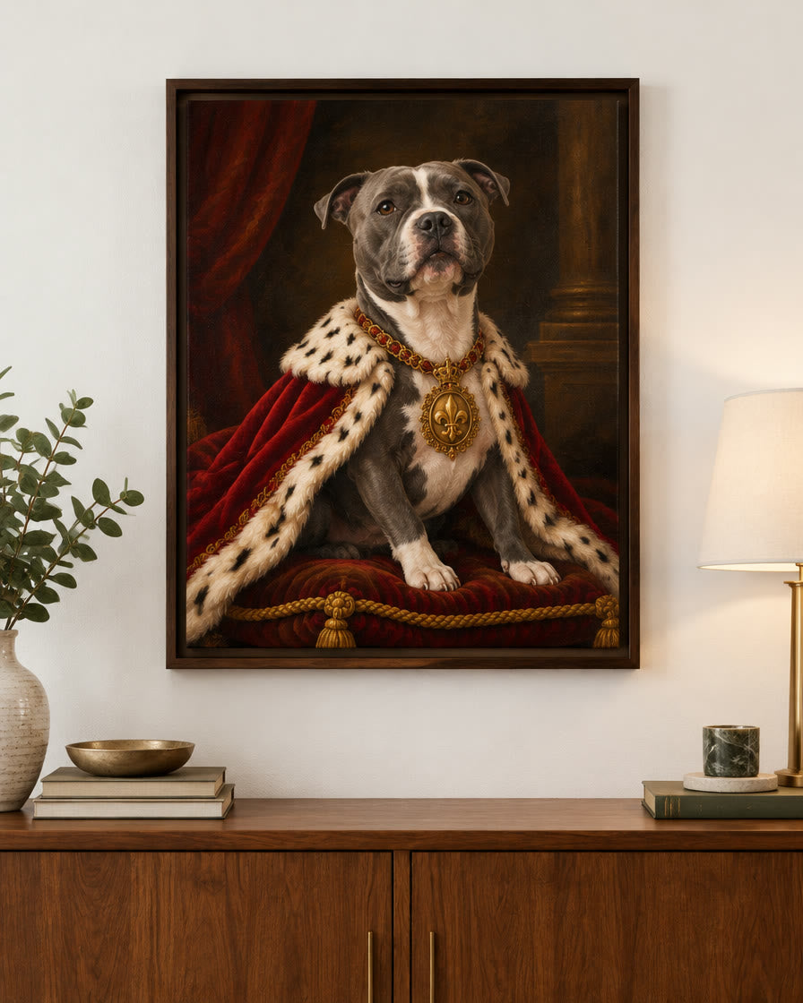 Example pet canvas: a staffy in the royal portrait style