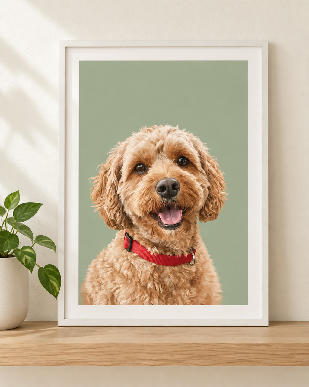 Personalised pet portrait print of a cavoodle on a sage background in a white frame