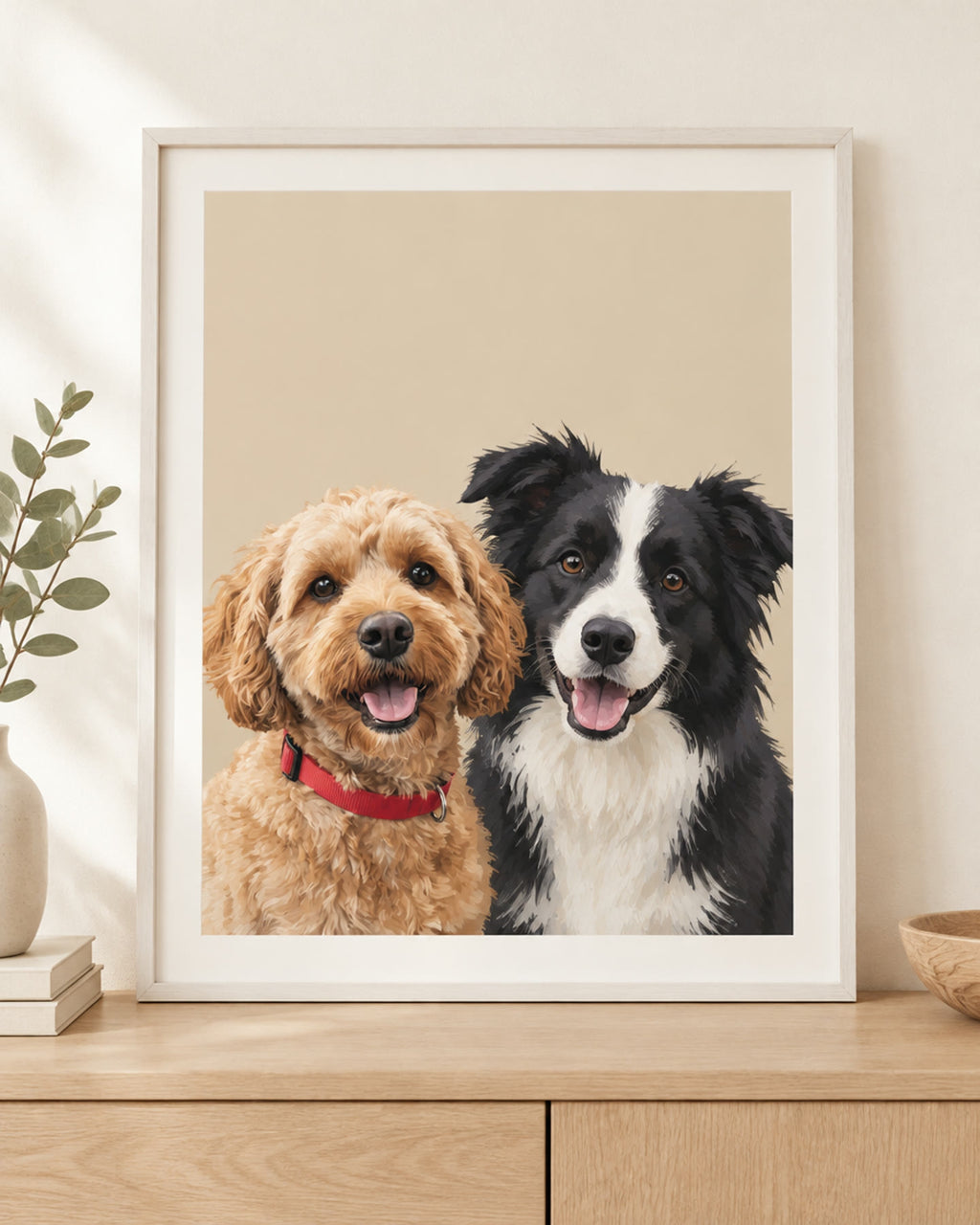 Two-pet portrait print of a cavoodle and a border collie on a sand background