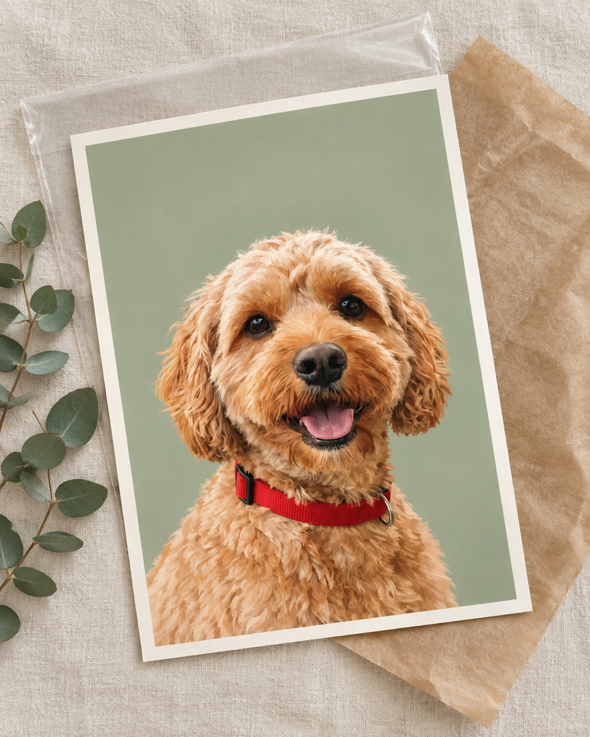 Unframed pet portrait print in its protective sleeve, ready to frame