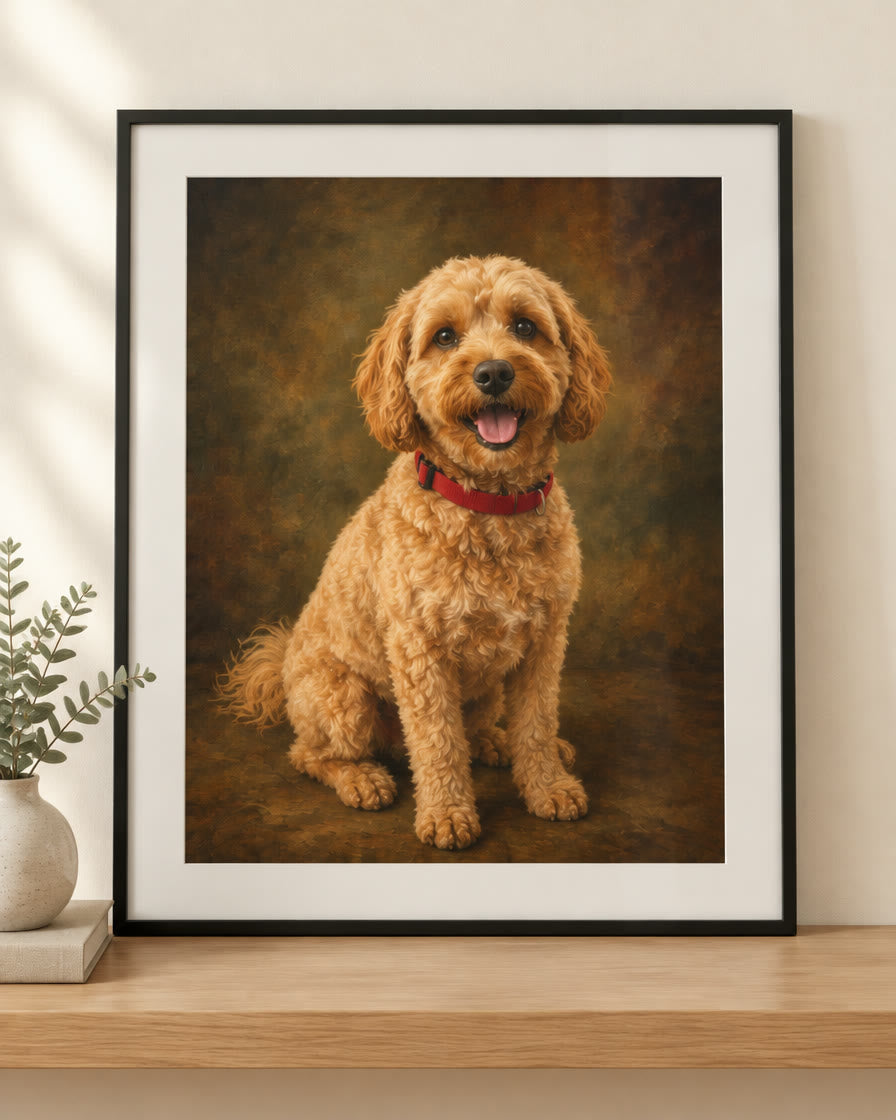Fine-art style pet portrait print of a cavoodle on paper in a black frame