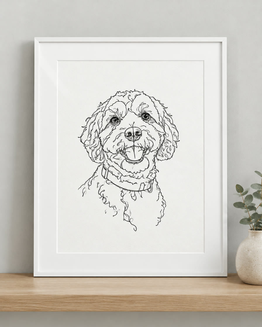 Line art pet portrait print of a cavoodle on paper in a white frame