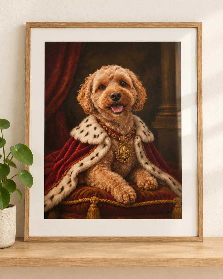 Royal portrait style pet print of a cavoodle on paper in an oak frame