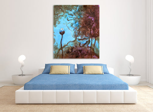Ambiguous One, blue and rust abstract seed pod hand-painted oil painting on canvas