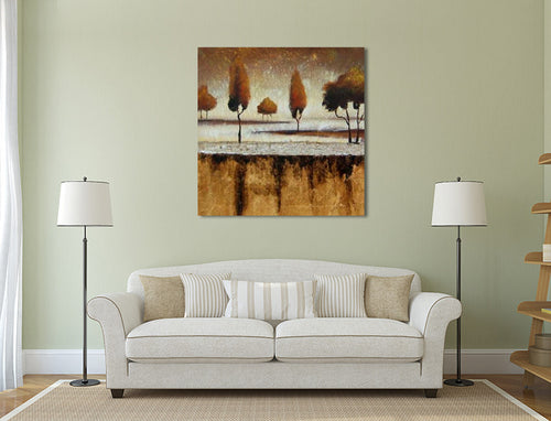 Amber Grove Reflections, autumn trees abstract landscape hand-painted oil painting on canvas