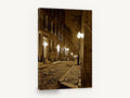 Lantern Lane, sepia cobbled street at night, stretched canvas wall art print ready to hang
