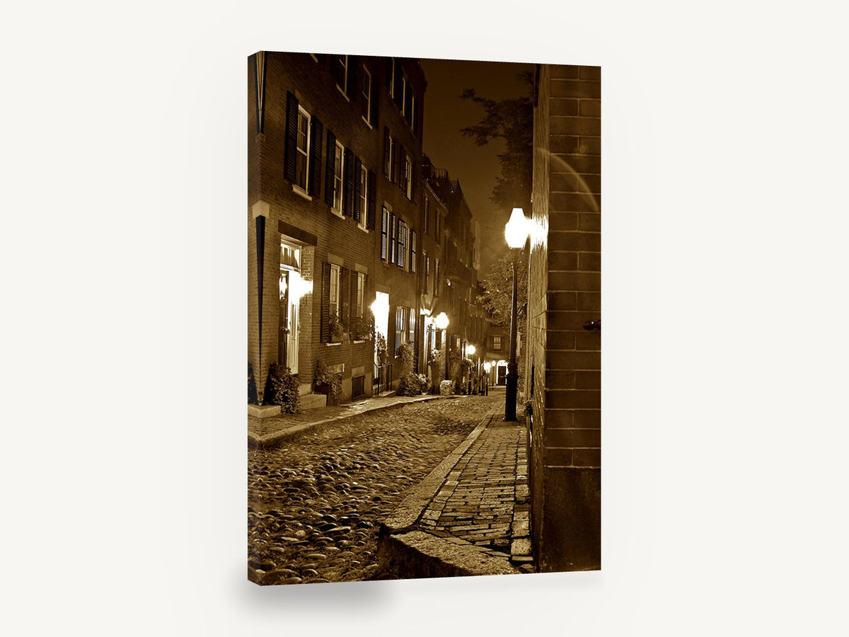 Lantern Lane, sepia cobbled street at night, stretched canvas wall art print ready to hang