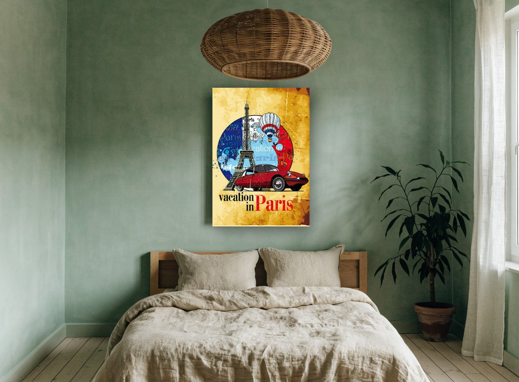 Vacation in Paris vintage canvas print on the wall of a bedroom