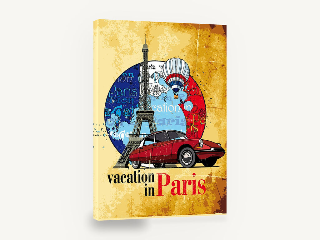 Vacation in Paris, retro eiffel tower travel poster, stretched canvas wall art print ready to hang