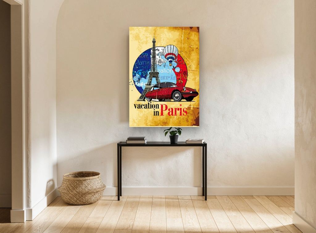 Vacation in Paris vintage canvas print on the wall of a hallway