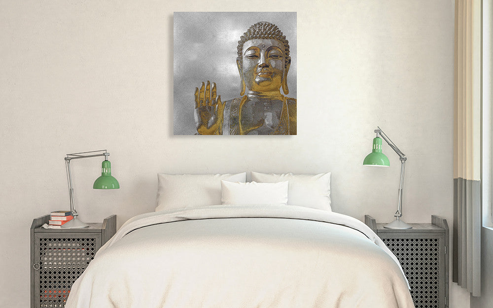 Silver and Gold Buddha Wall Art Print on the wall
