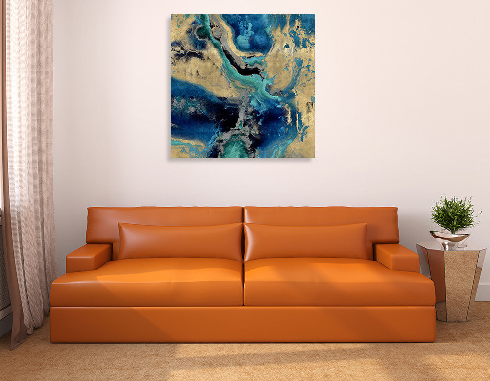 Stone with Blue and Gold Wall Art Print on the wall