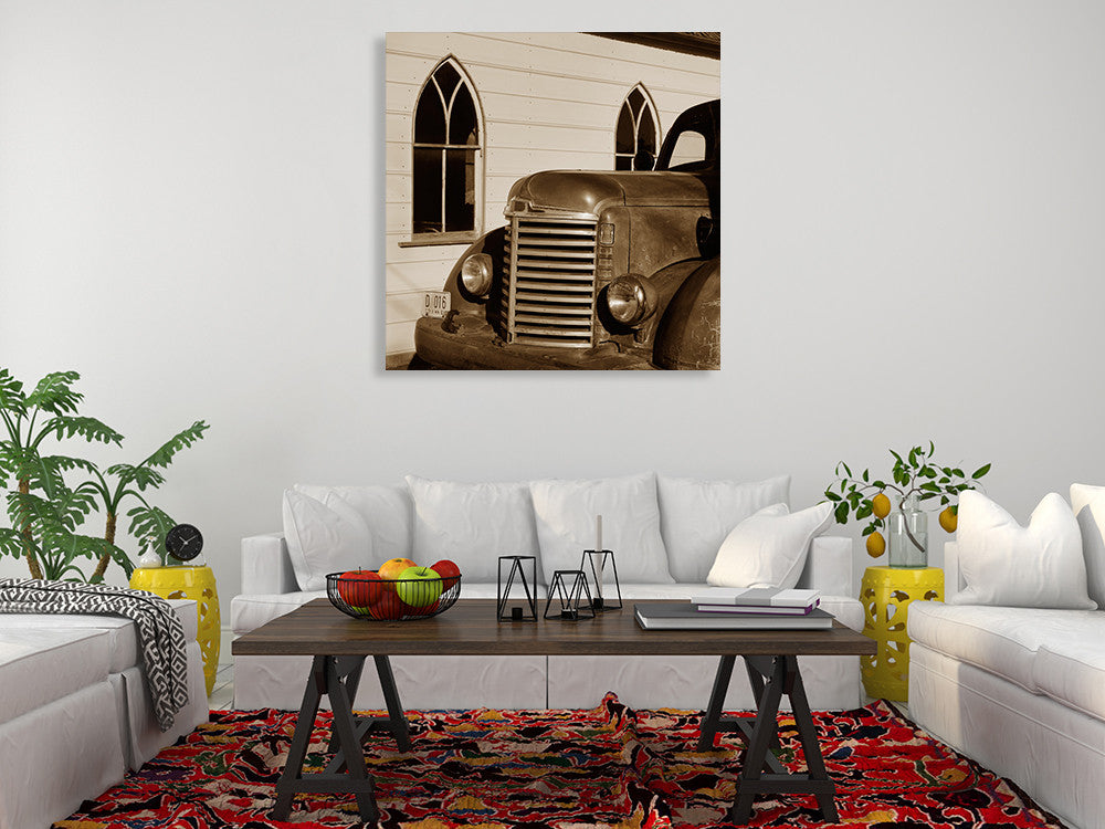 Fire Truck and Church Wall Art Print on the wall