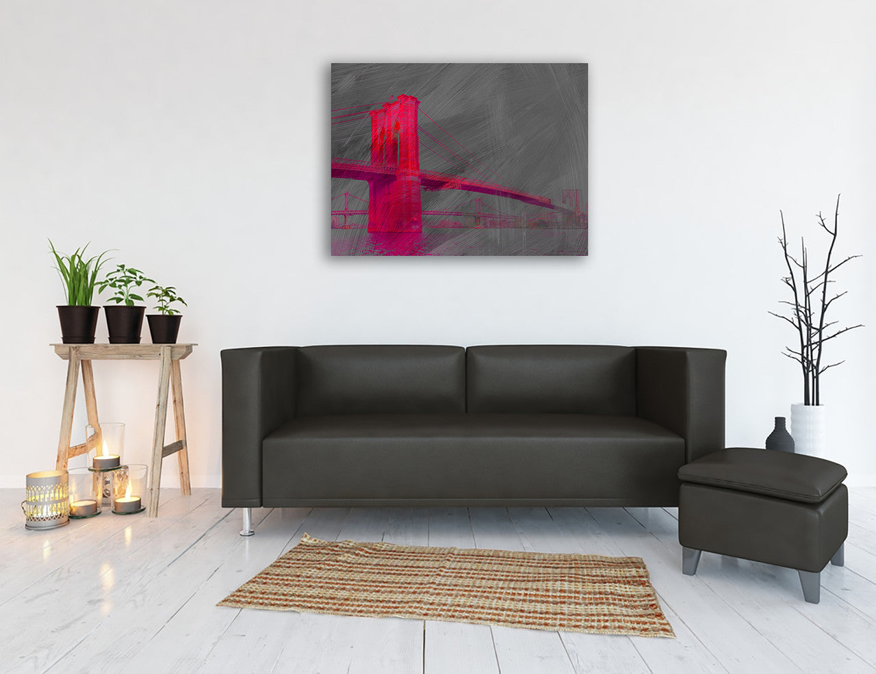 Pink Brooklyn Bridge Wall Art Print on the wall