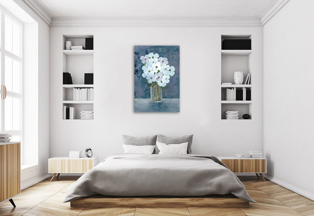 White Floral Blues I Wall Art Print on the wall